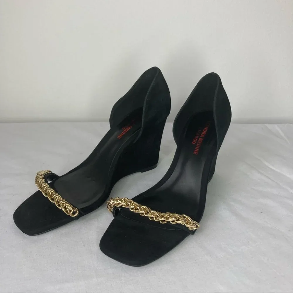 Black Wedge Sandals with Gold Chain Accent